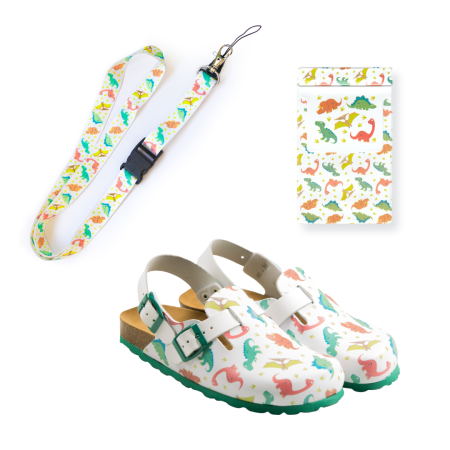 Pack Dinos. Zuecos, salvabolsillo y lanyard.