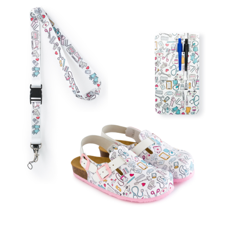 Pack Nursing Rose. Zuecos, salvabolsillo y lanyard.